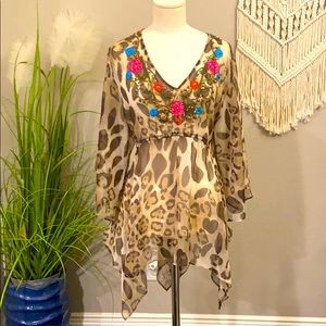 Flutter sleeve embellished cheetah top